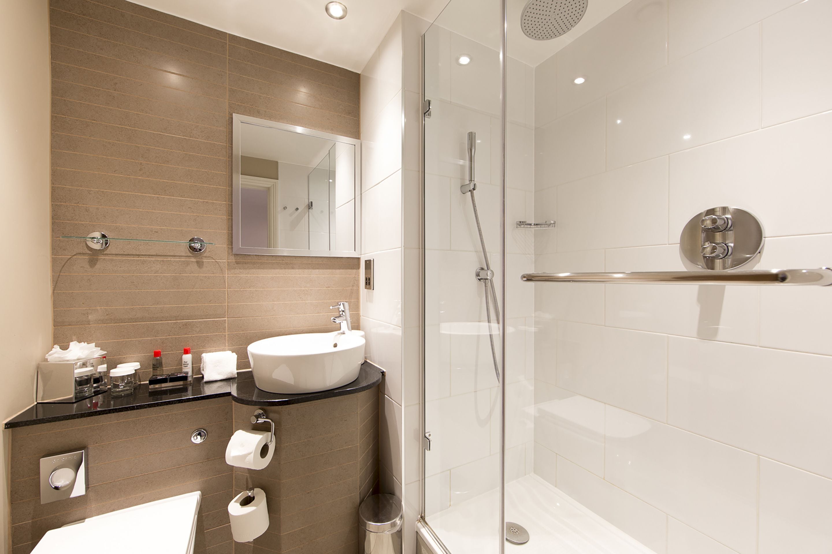 shower, free toiletries, hair dryer, towels