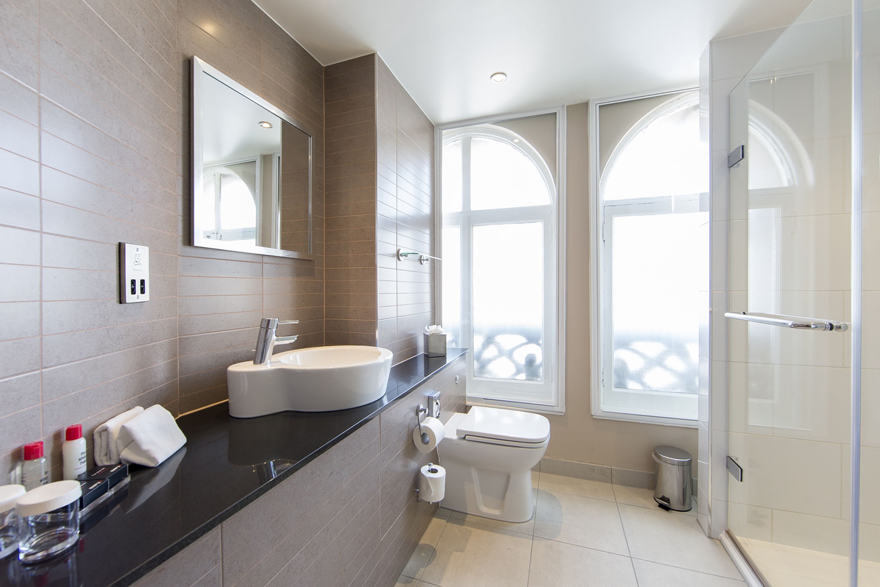 junior suite, 1 king bed with sofa bed | bathroom | shower, free toiletries, hair dryer, towels