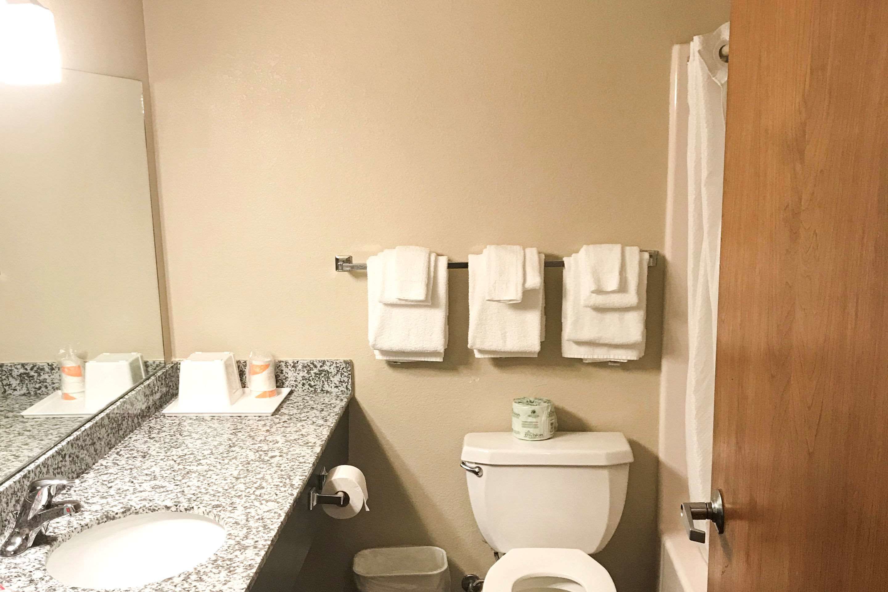 A bathroom with a granite countertop, a sink, a toilet, and a mirror.