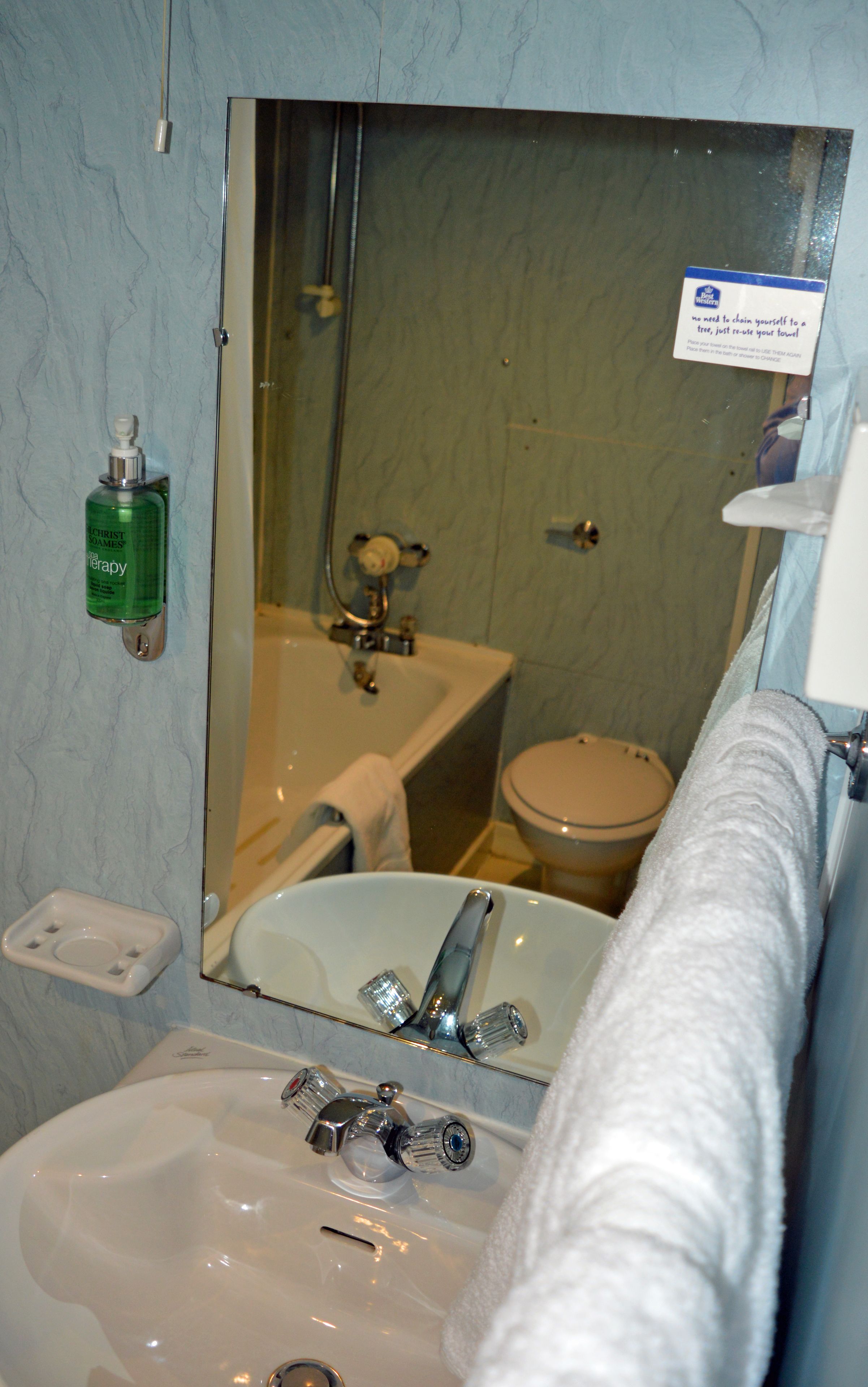Un baño con lavamanos, espejo e inodoro.