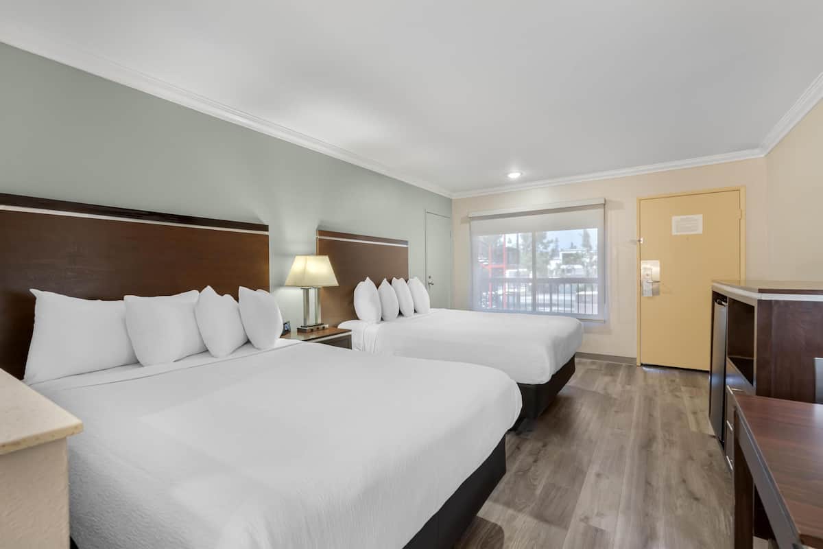 Standard Room, 2 Queen Beds, Non Smoking, Microwave (Upper Floor) | In-room safe, desk, laptop workspace, iron/ironing board