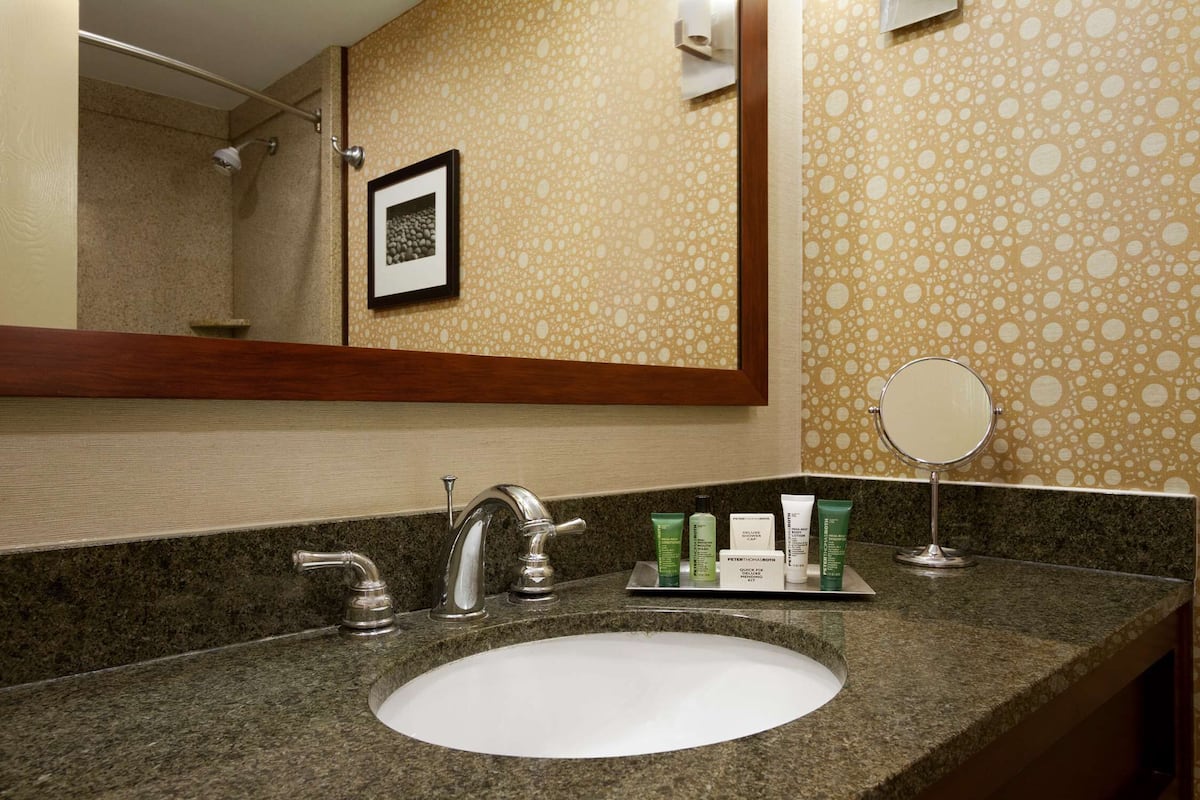 Een badkamer met een granieten aanrecht, een wastafel, een spiegel en toiletartikelen.