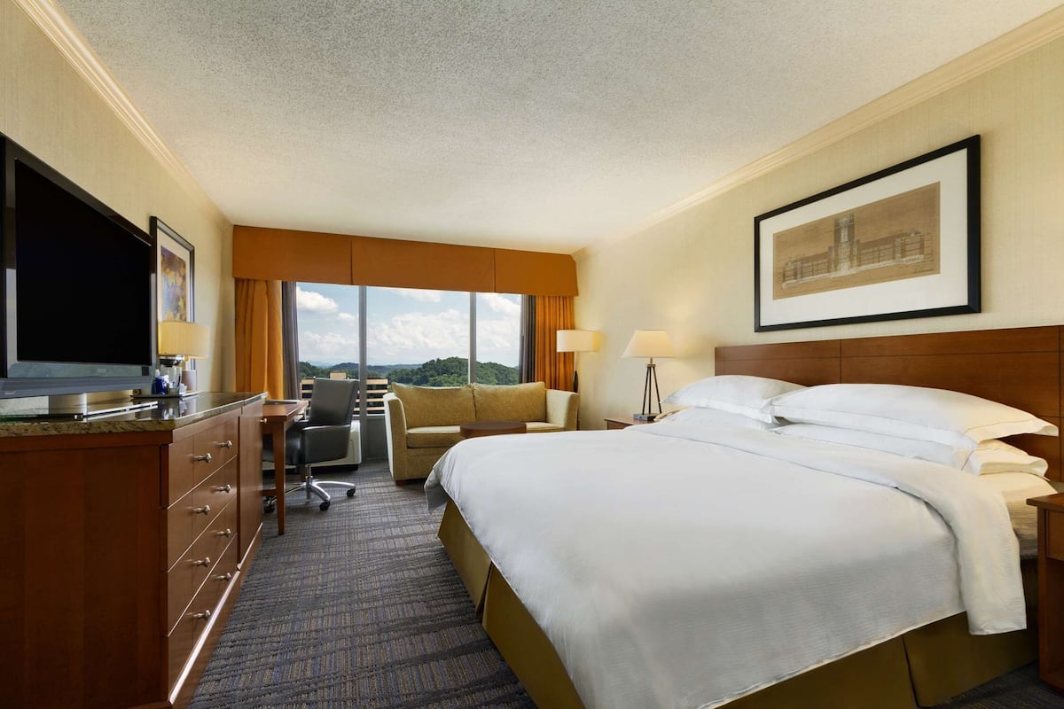 Een hotelkamer met een groot bed, een bureau met een flatscreen televisie, een bank en een raam met uitzicht op de bergen.