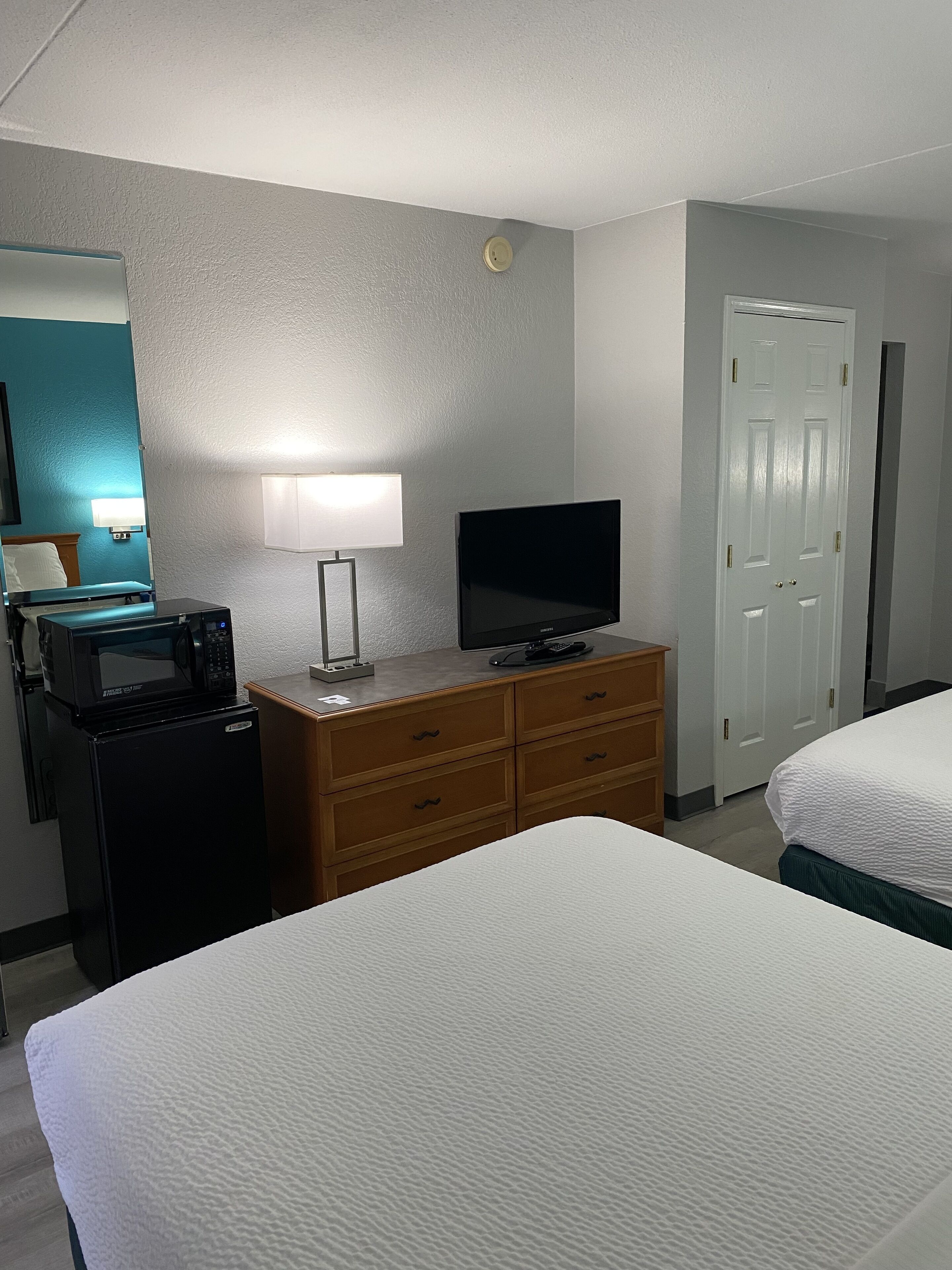 A hotel room with a bed, a TV, a microwave, a dresser, a lamp, and a door.