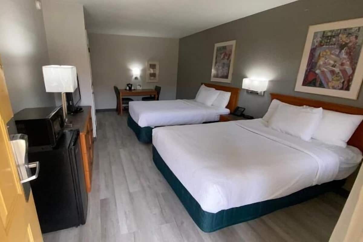 Une chambre d’hôtel avec deux lits, un bureau, une chaise, une lampe et un tableau au mur.
