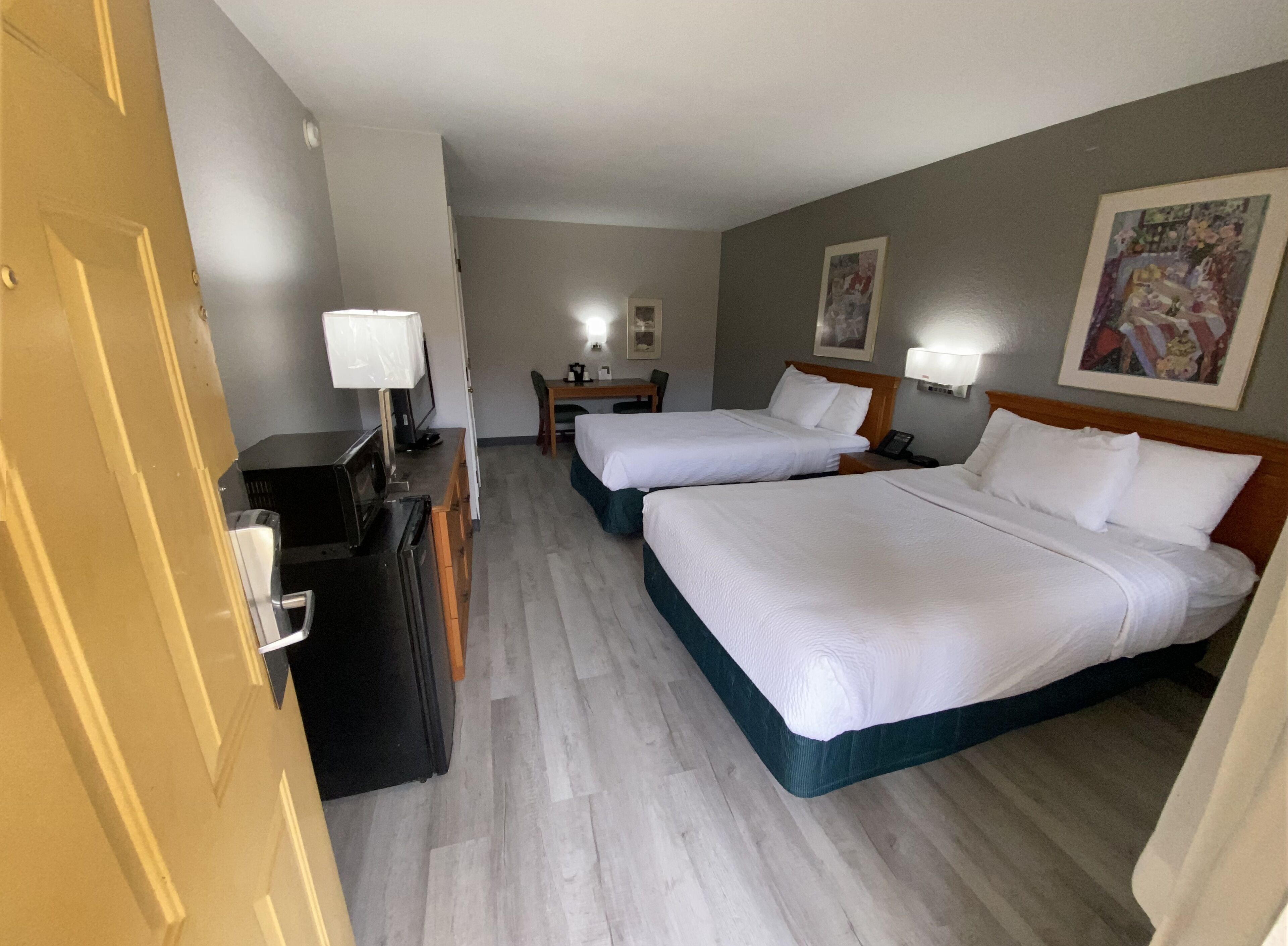 Habitación de hotel con dos camas, un escritorio, una silla, un televisor y un microondas.