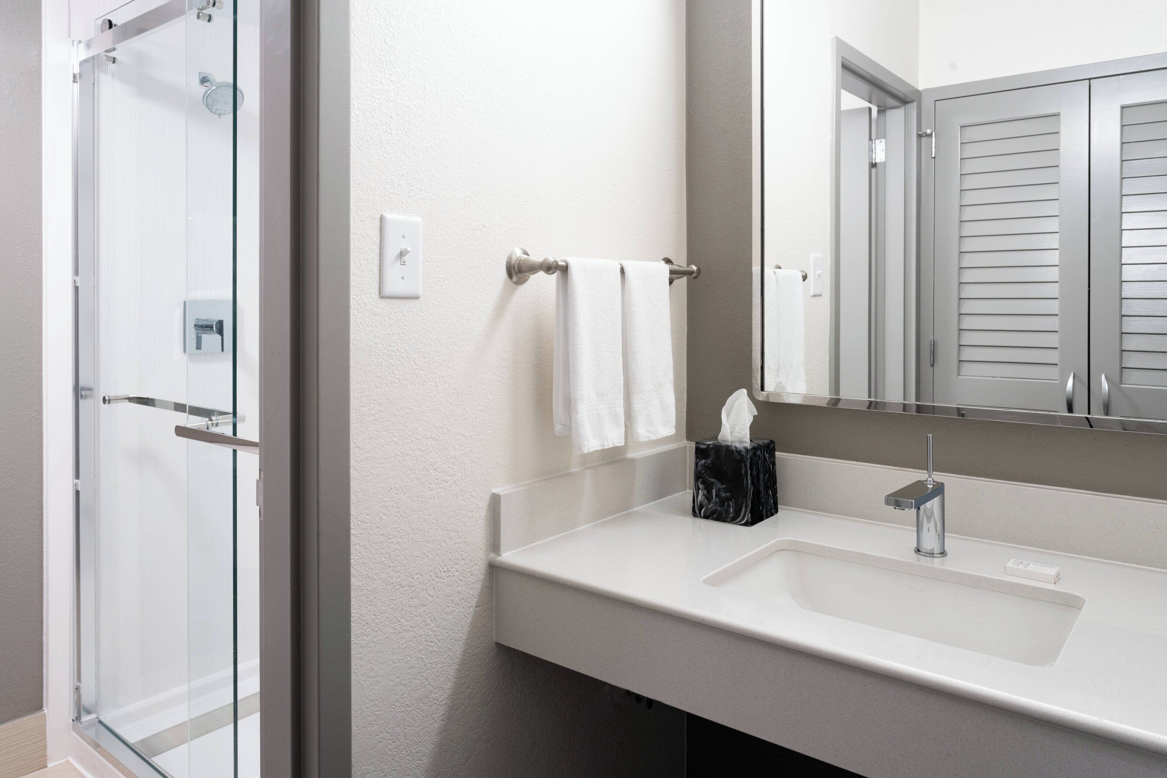 combined shower/bathtub, free toiletries, hair dryer, towels