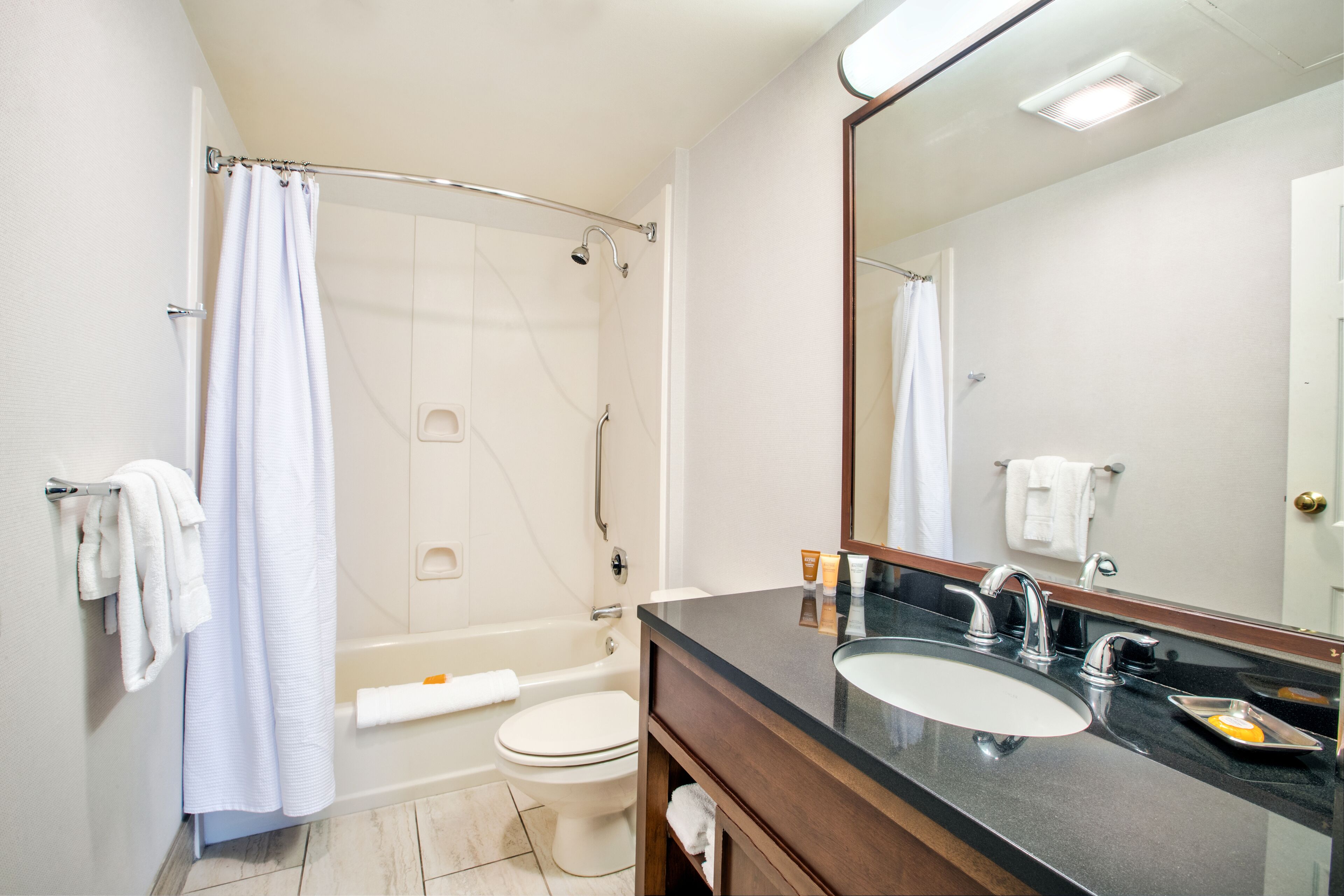 combined shower/bathtub, free toiletries, hair dryer, towels