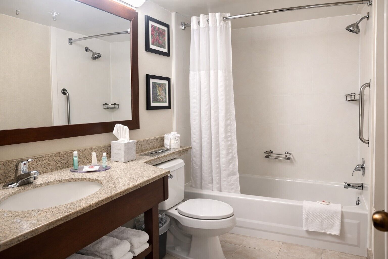 Combined shower/tub, free toiletries, hair dryer, towels
