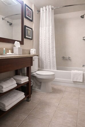 Een bad/douchecombinatie, gratis toiletartikelen, een haardroger