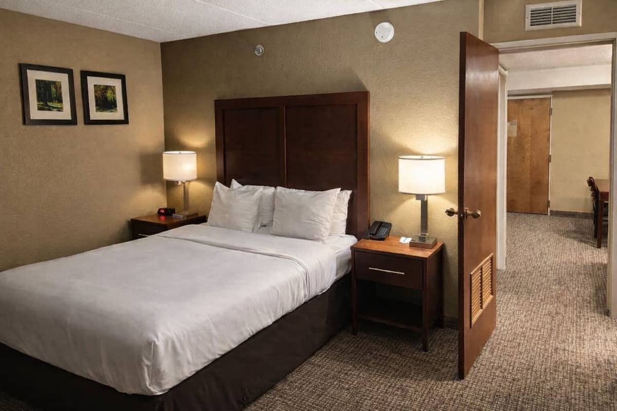 A hotel room with a large bed, two bedside tables with lamps, a wooden headboard, and a door leading to another room.