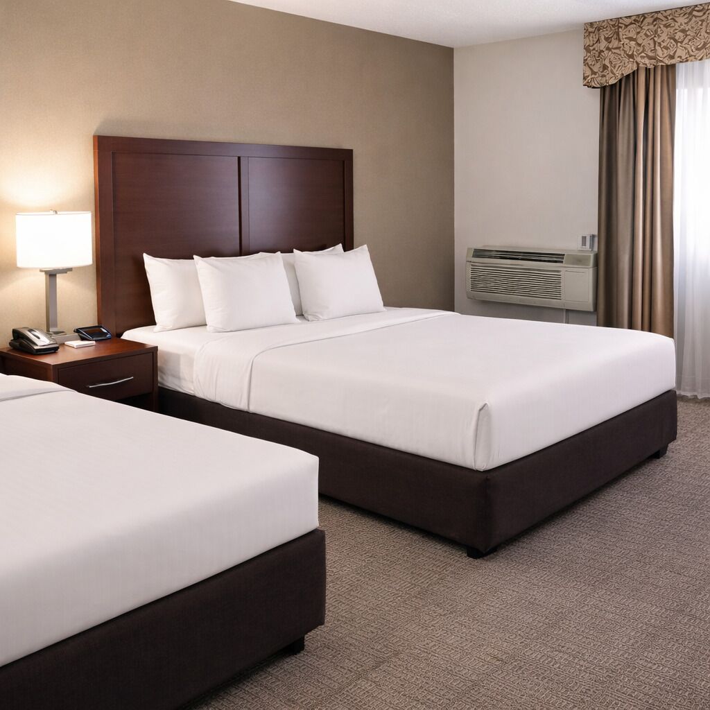 A hotel room with two beds, a nightstand with a lamp, a telephone, and an air conditioning unit.