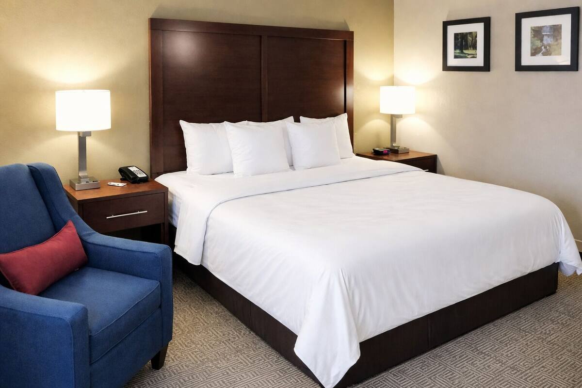 A hotel room with a large bed, two bedside lamps, a desk with a phone, a blue armchair, and a red pillow.