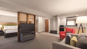 A hotel room with a bed, a TV, a sofa, a desk, and a kitchenette. - Country Inn & Suites by Radisson Erie (Erie)