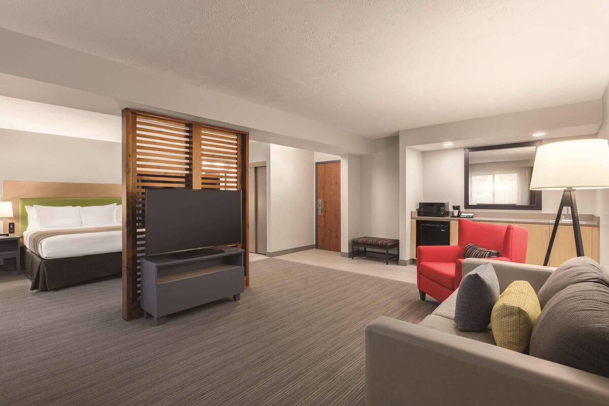 A hotel room with a bed, a TV, a sofa, a desk, and a kitchenette.
