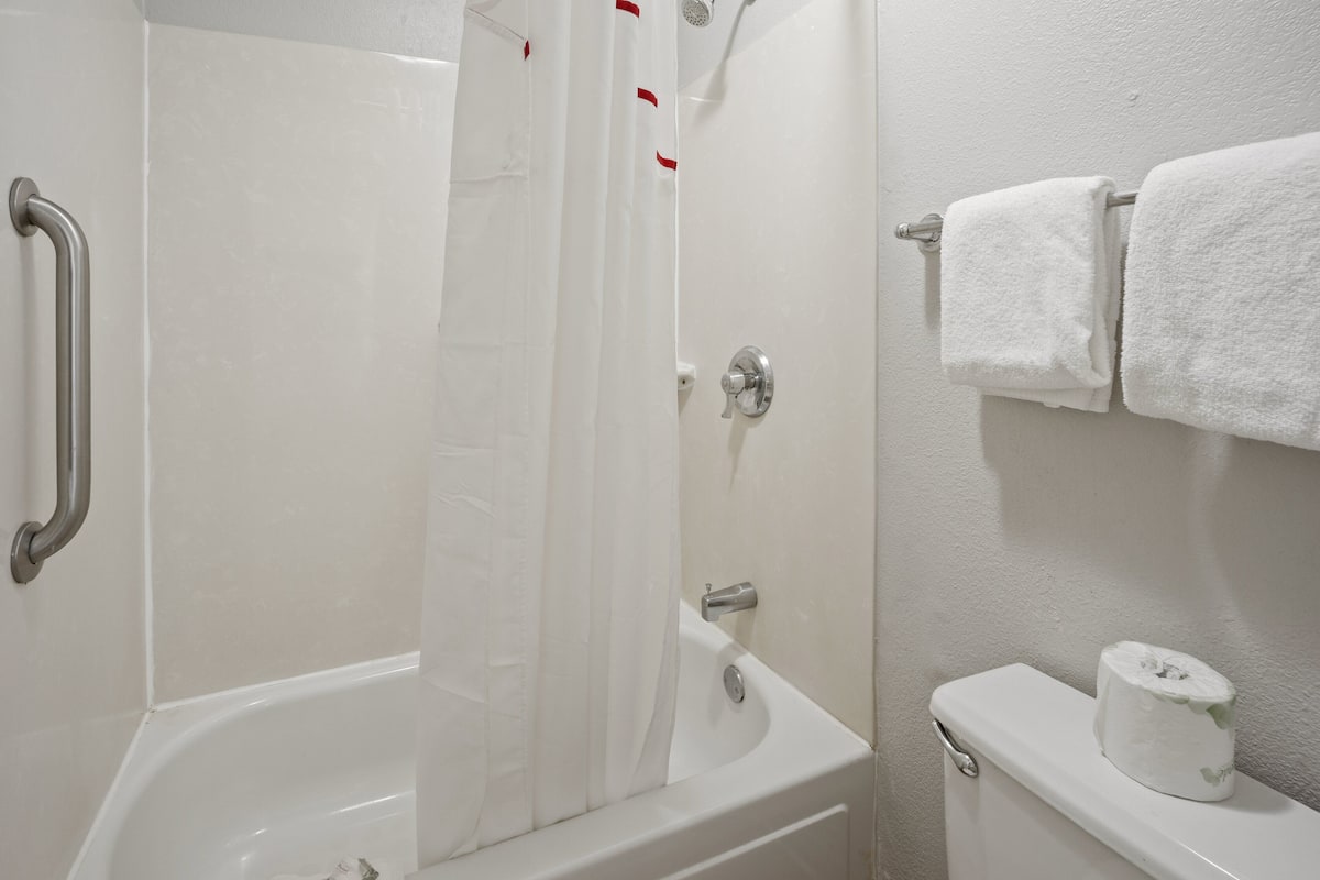 eco-friendly toiletries, hair dryer, towels, soap