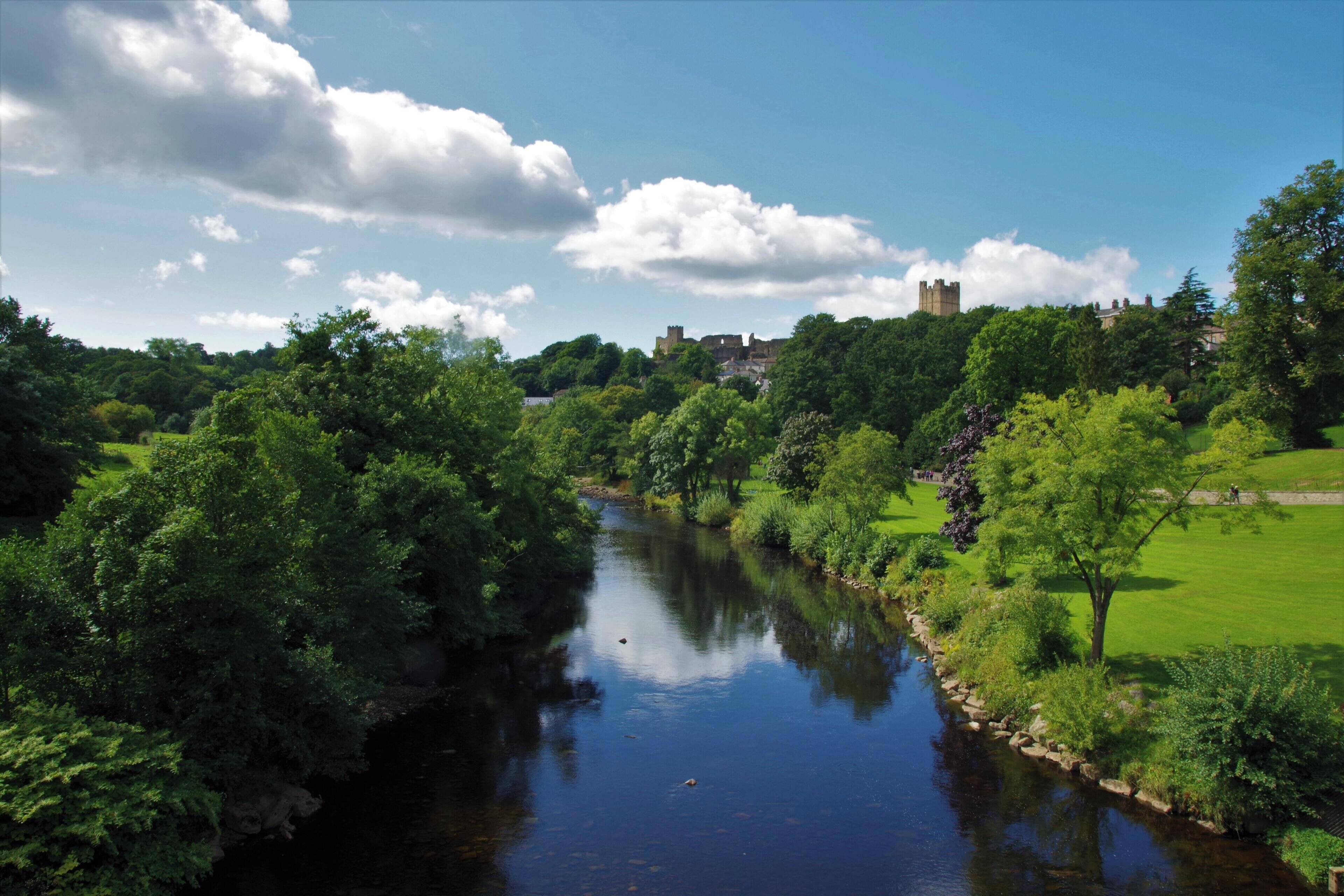 A river with trees and a castle in the background.