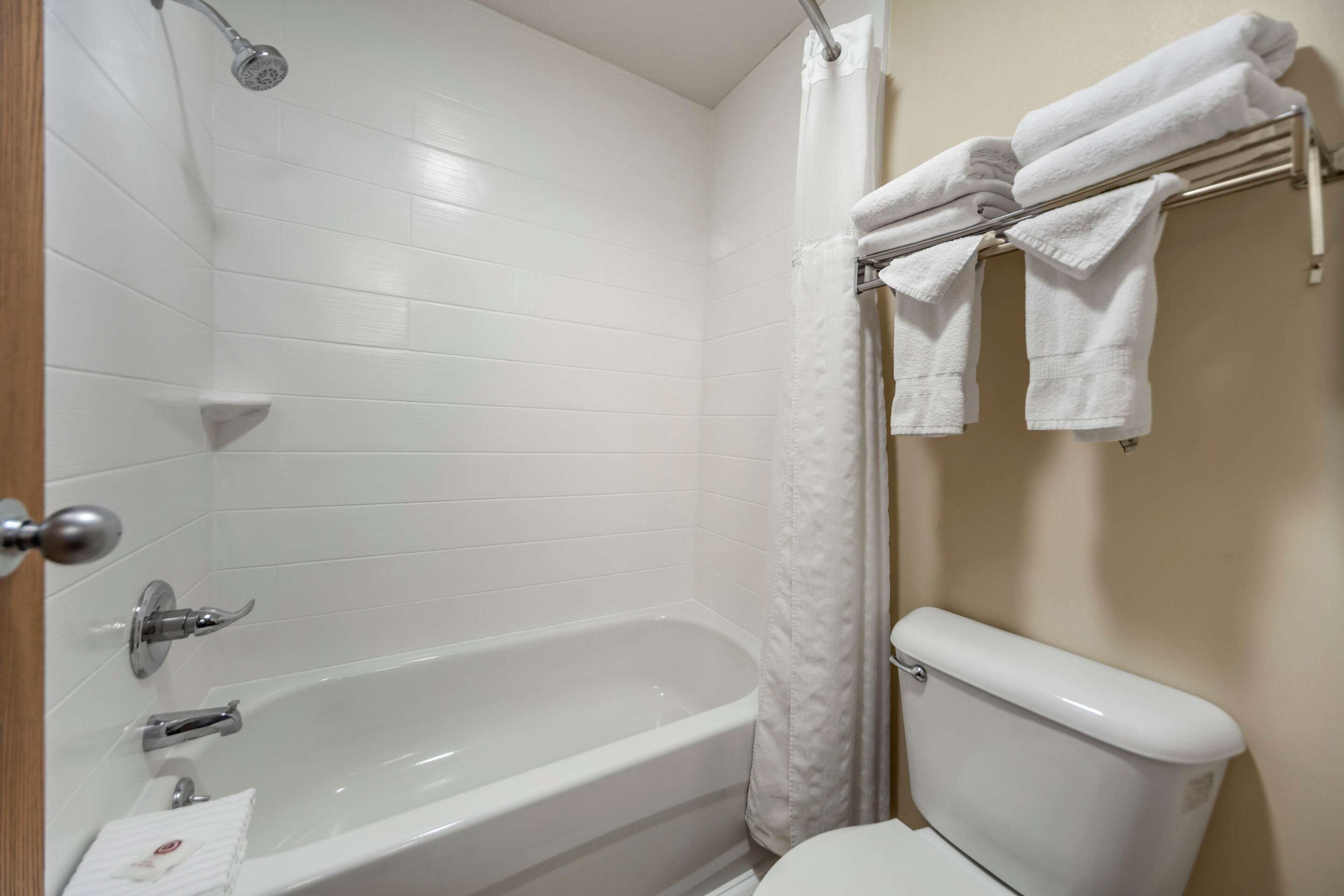 standard room, 2 queen beds, non smoking | bathroom | combined shower/bathtub, hair dryer, towels