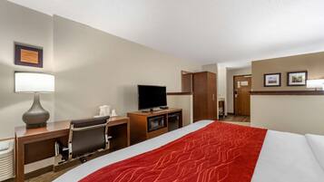 Habitación de hotel con una cama grande, un escritorio con silla, televisión, microondas y armario.