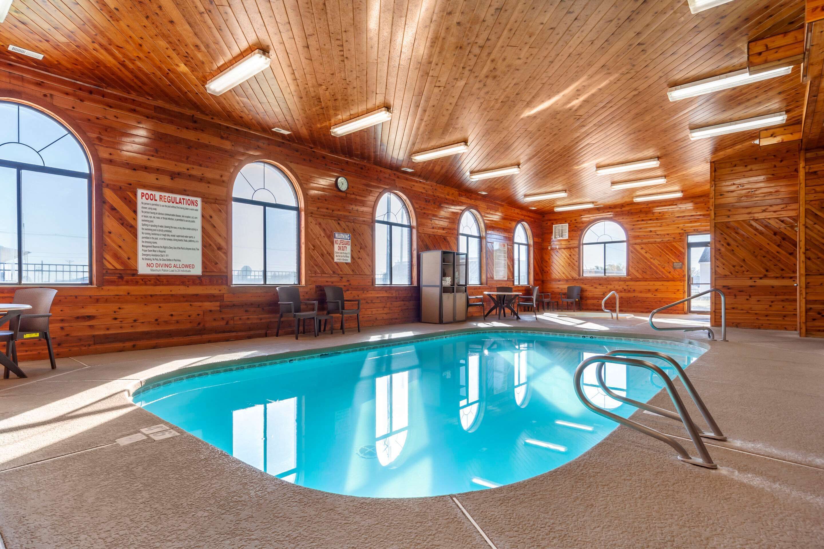 indoor pool, open 7 am to 11 pm, pool loungers