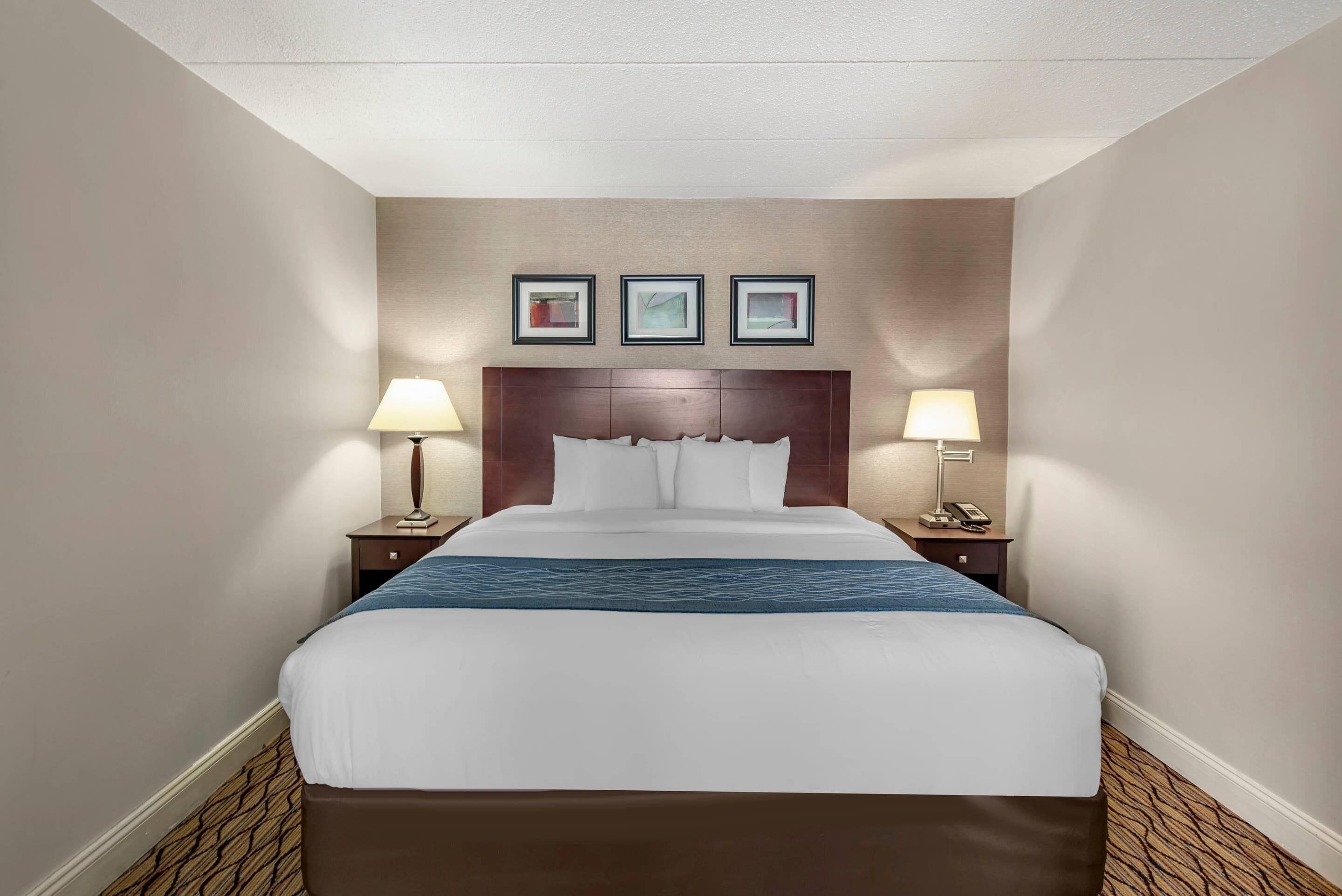 Habitación de hotel con una cama grande, dos mesitas de noche, un cabecero y tres cuadros enmarcados en la pared.