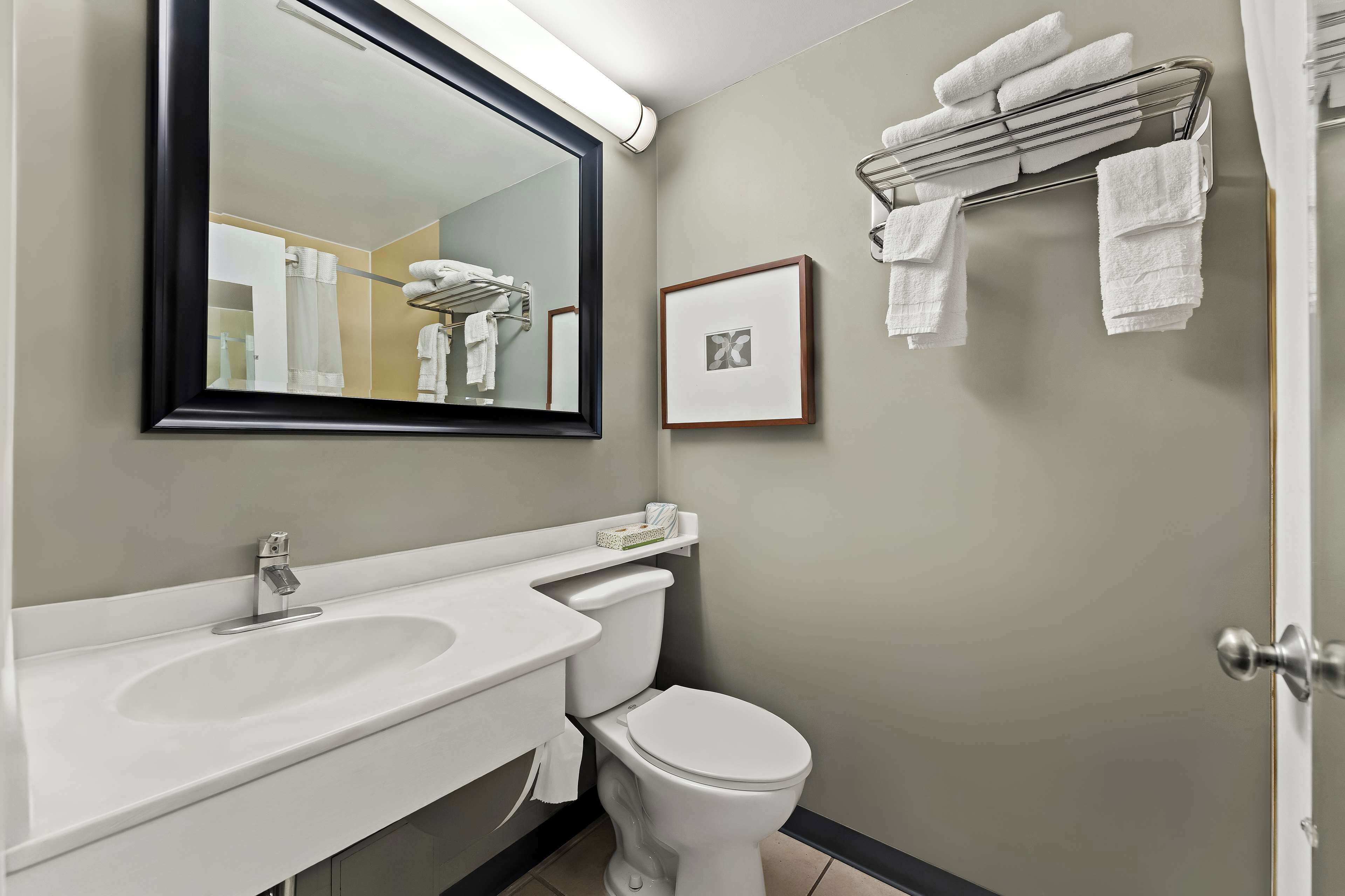 Une salle de bain avec un lavabo blanc, un miroir et des toilettes. Des serviettes sont suspendues sur un porte-serviettes et un tableau encadré est accroché au mur.