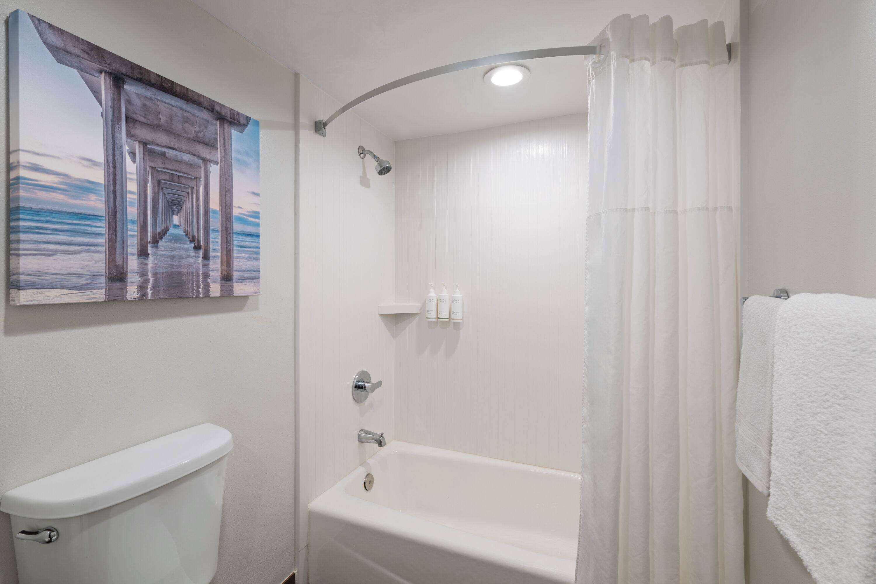 A bathroom with a toilet, bathtub, shower, and a painting of a pier.