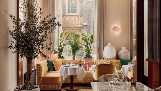 Un ambiente acogedor con un sofá, una mesa lista para cenar y plantas en macetas.