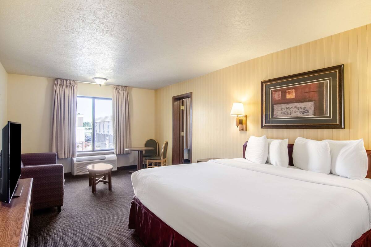 A hotel room with a large bed, a desk, a chair, a television, and a window with curtains.
