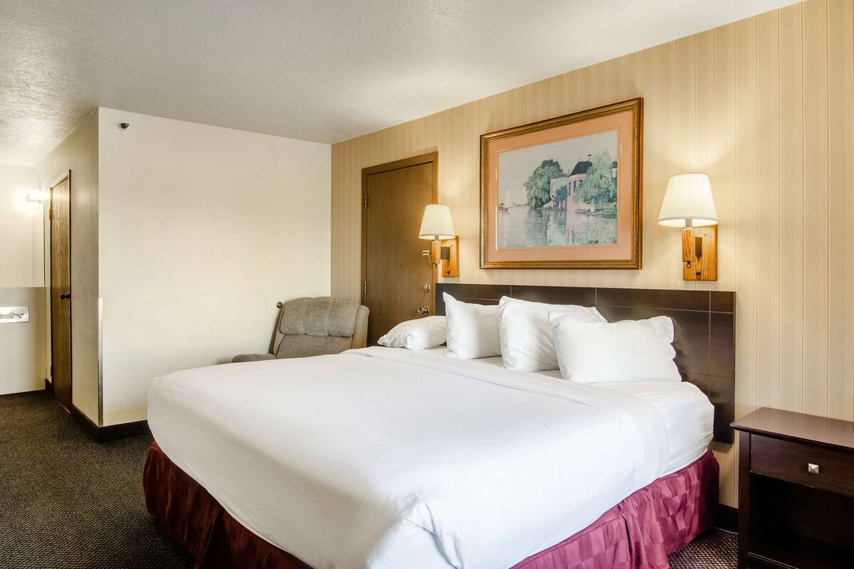 A hotel room with a large bed, two bedside lamps, a framed painting on the wall, and a wooden door.