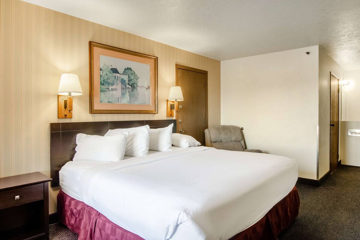 A hotel room with a large bed, two bedside lamps, a framed picture on the wall, a wooden door, and a chair.