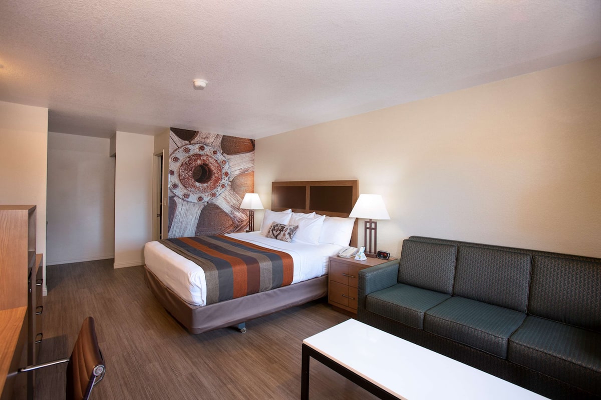 A hotel room with a bed, bedside table, lamp, and a sofa.