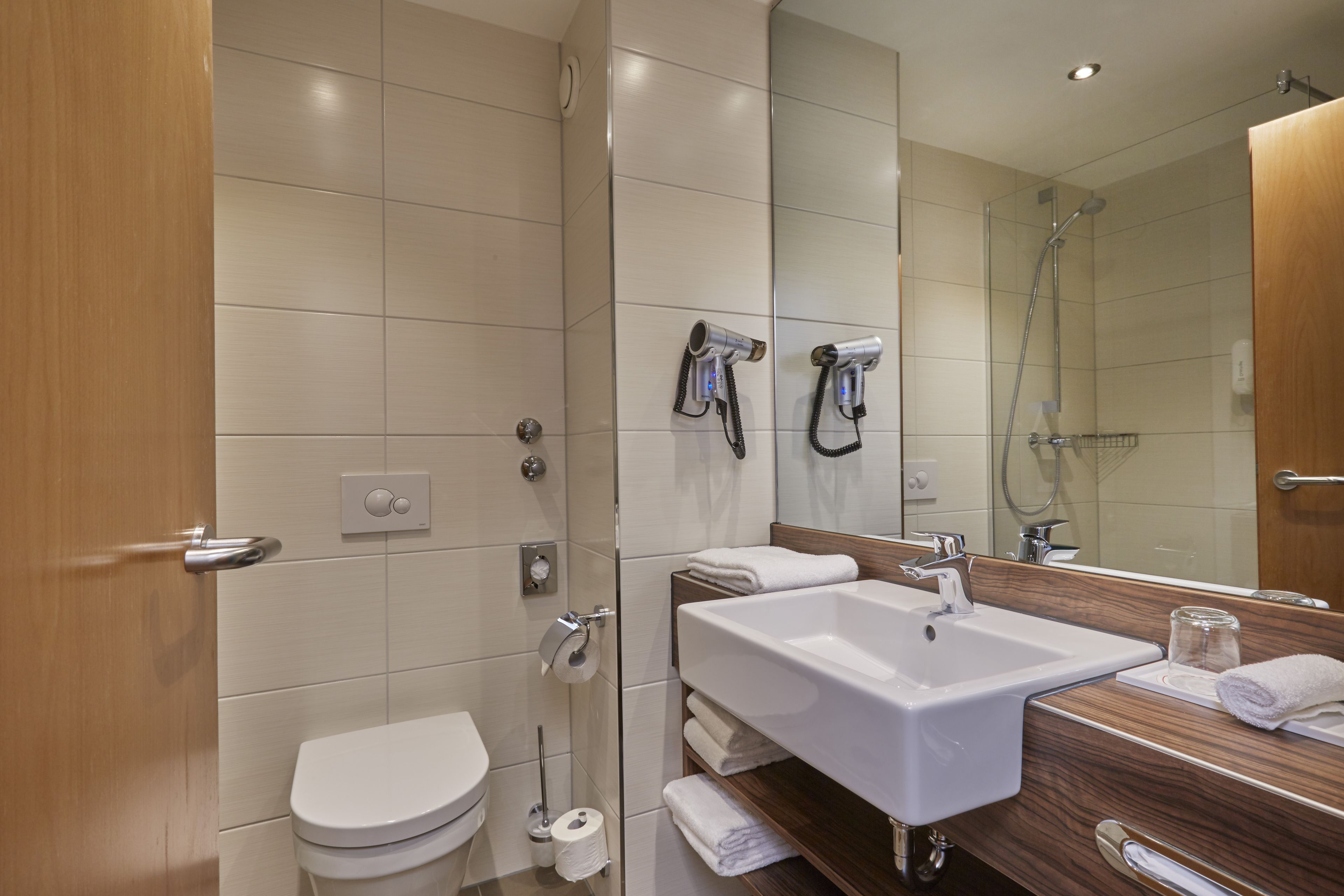 shower, hair dryer, bathrobes, towels