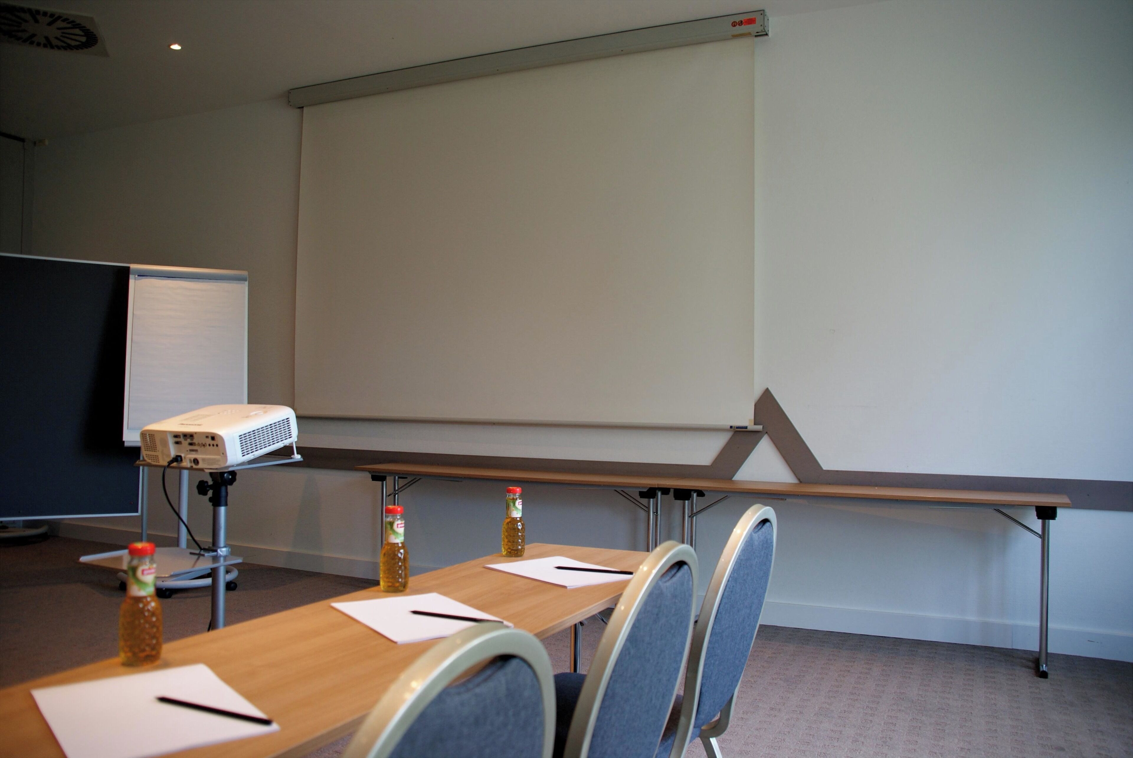 A conference room with a projector, a whiteboard, and a long table with chairs.