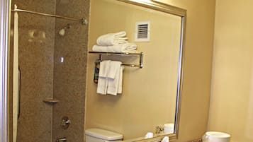 Combined shower/tub, eco-friendly toiletries, hair dryer, towels