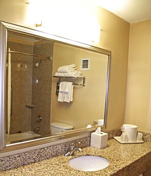 Combined shower/bathtub, eco-friendly toiletries, hair dryer, towels