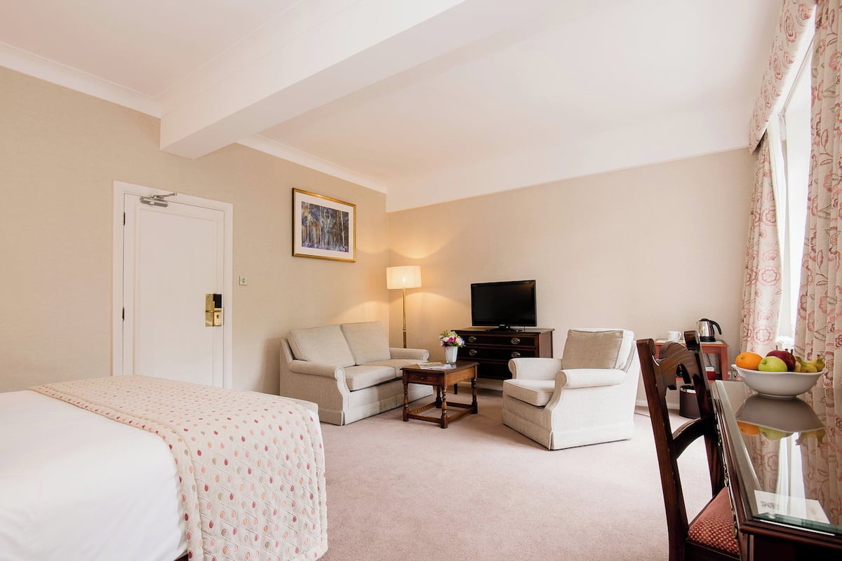 A hotel room with a bed, a sofa, a chair, a TV, a lamp, and a dining table with a bowl of fruit.