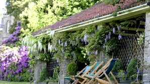 Een tuin met een stenen gebouw, groene stoelen en paarse bloemen.