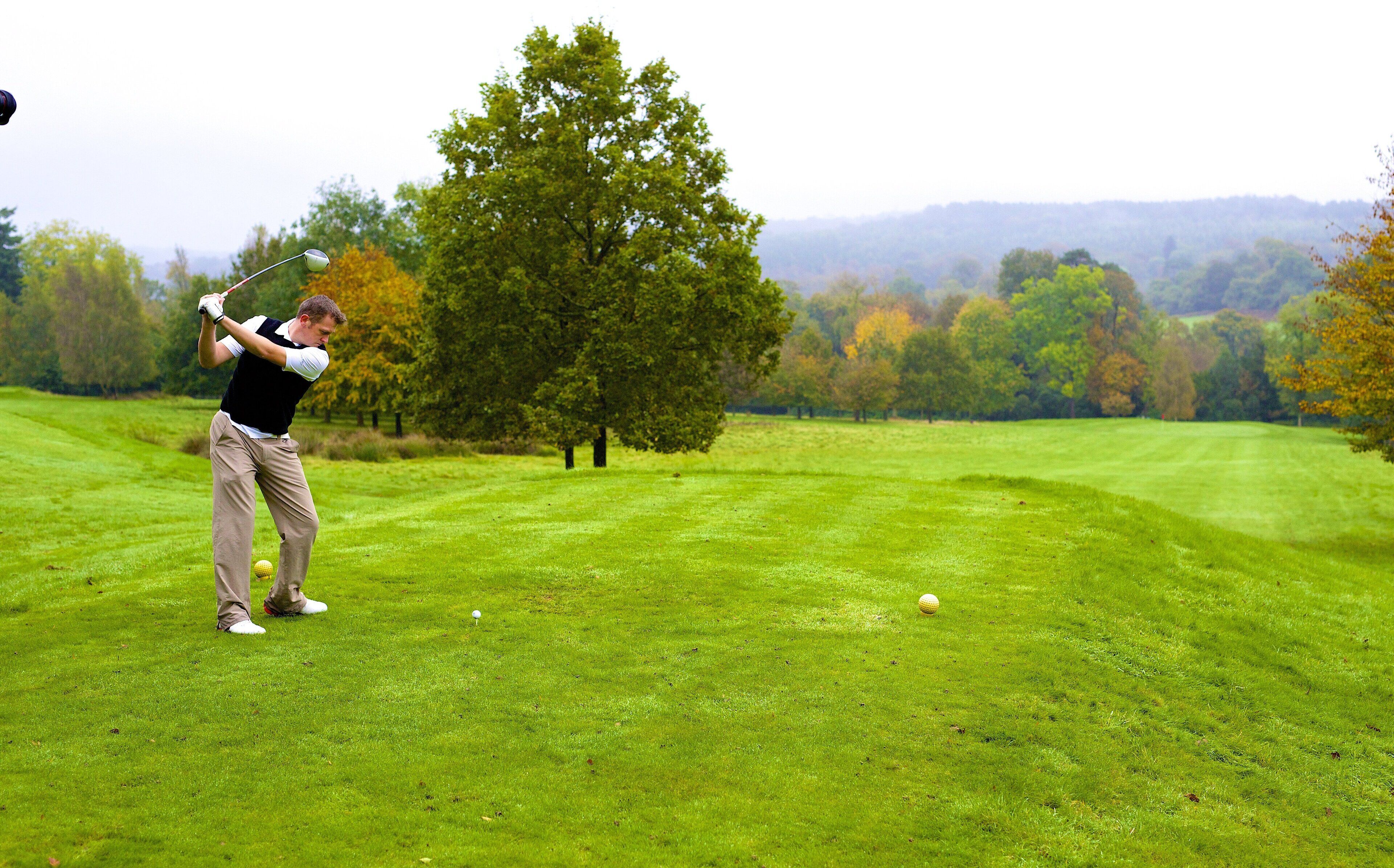 Une personne jouant au golf sur un terrain bien entretenu, avec des arbres et un ciel dégagé en arrière-plan.