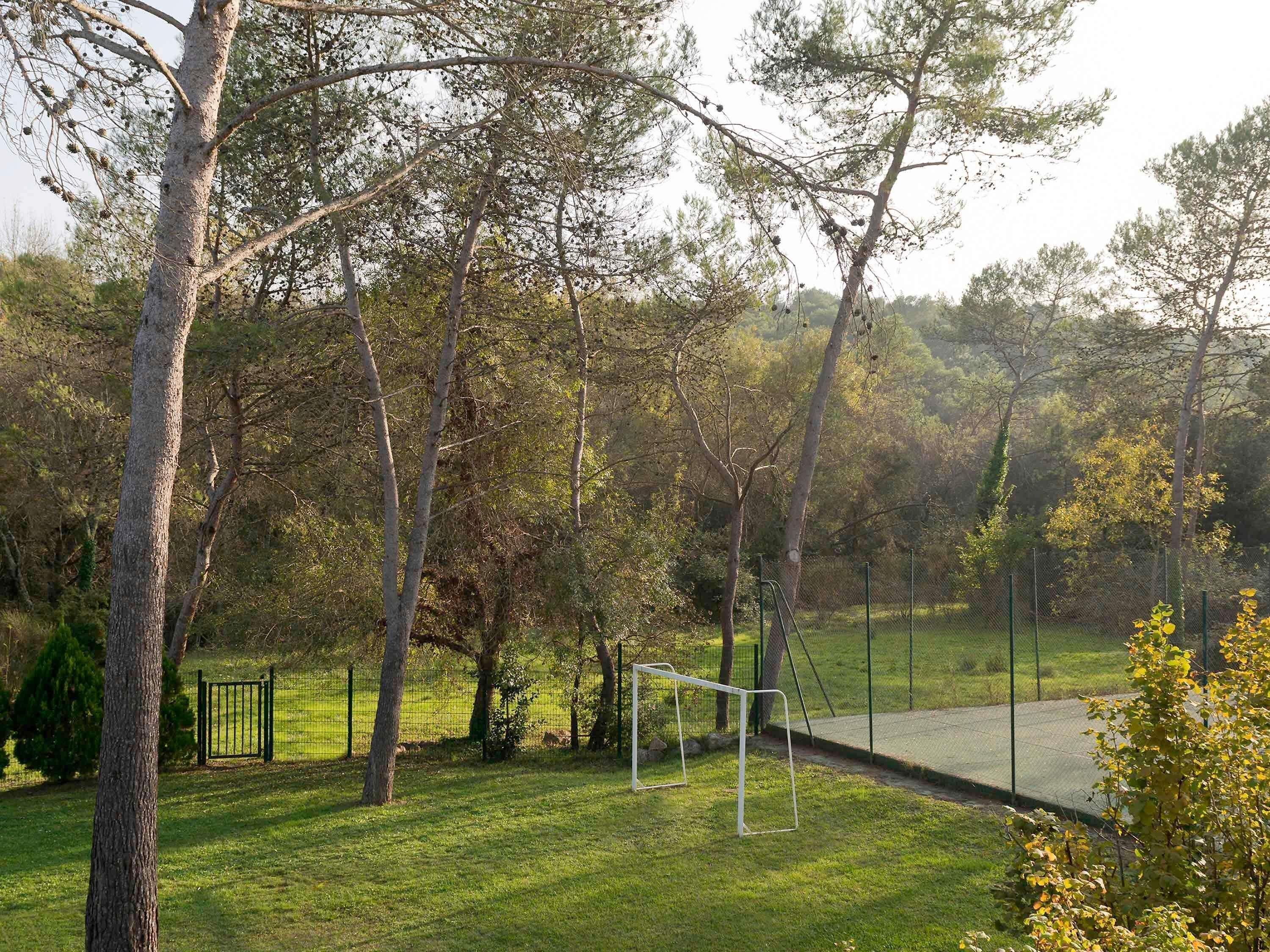 A grassy field with a soccer goal, trees, and a fence.