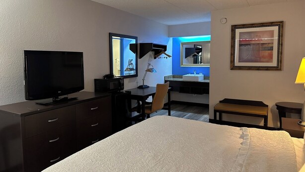 A hotel room with a bed, a desk with a computer, a television, a mirror, a sink, and a framed picture on the wall.