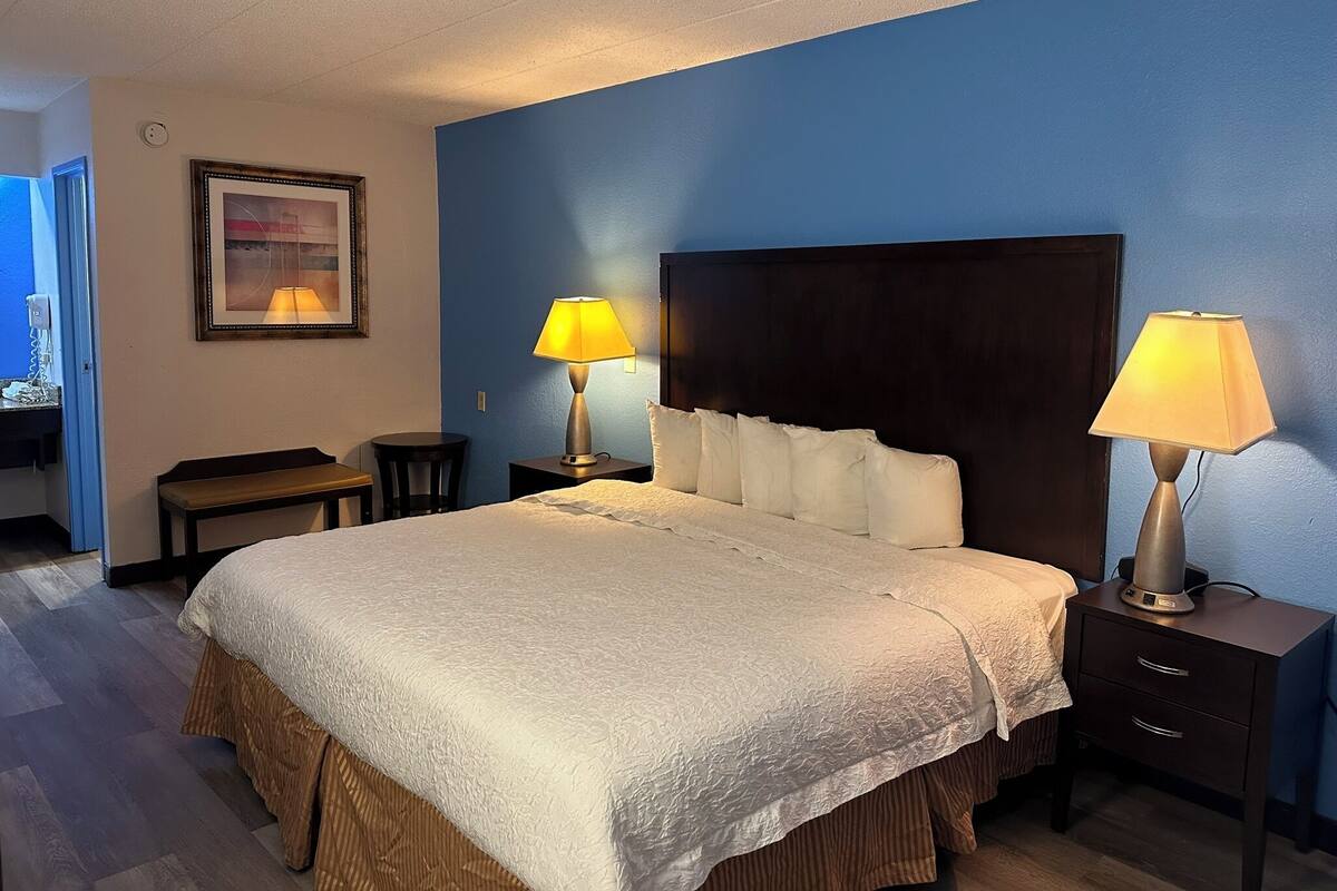 A hotel room with a large bed, two bedside tables with lamps, a small desk, and a framed picture on the wall.