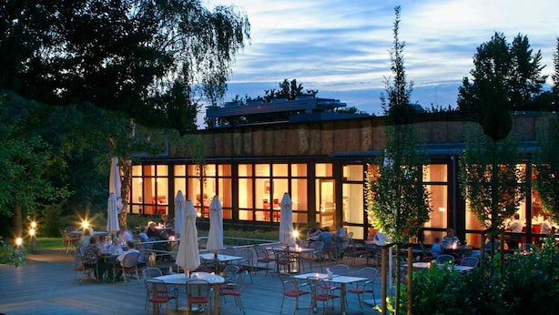 Un espace de restauration en plein air, avec des tables et des chaises, entouré de verdure et bordé d’un bâtiment doté de grandes fenêtres.