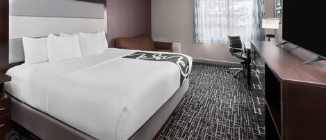 Premium bedding, desk, blackout drapes, iron/ironing board