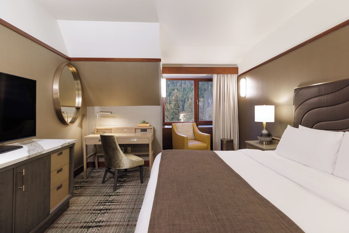 A hotel room with a bed, desk, chair, TV, and a window with a view of trees.