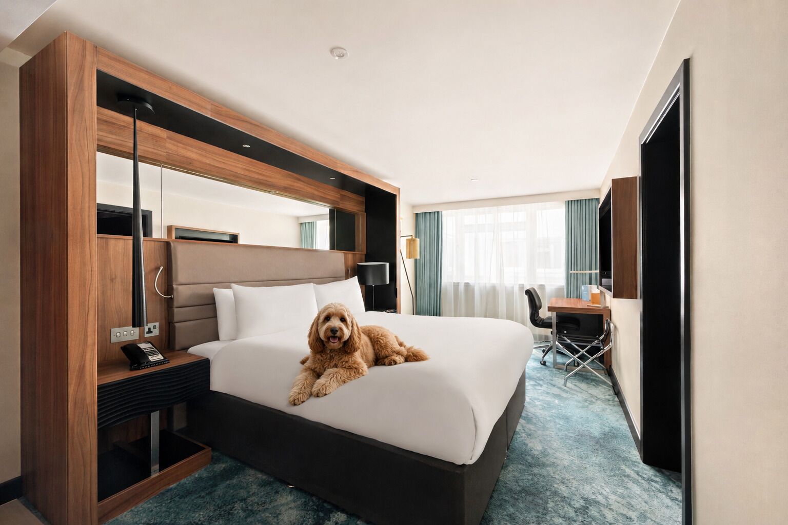 A hotel room with a bed, a desk, a chair, a dog, and a large mirror.