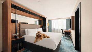 A hotel room with a bed, a desk, a chair, a dog, and a large mirror.