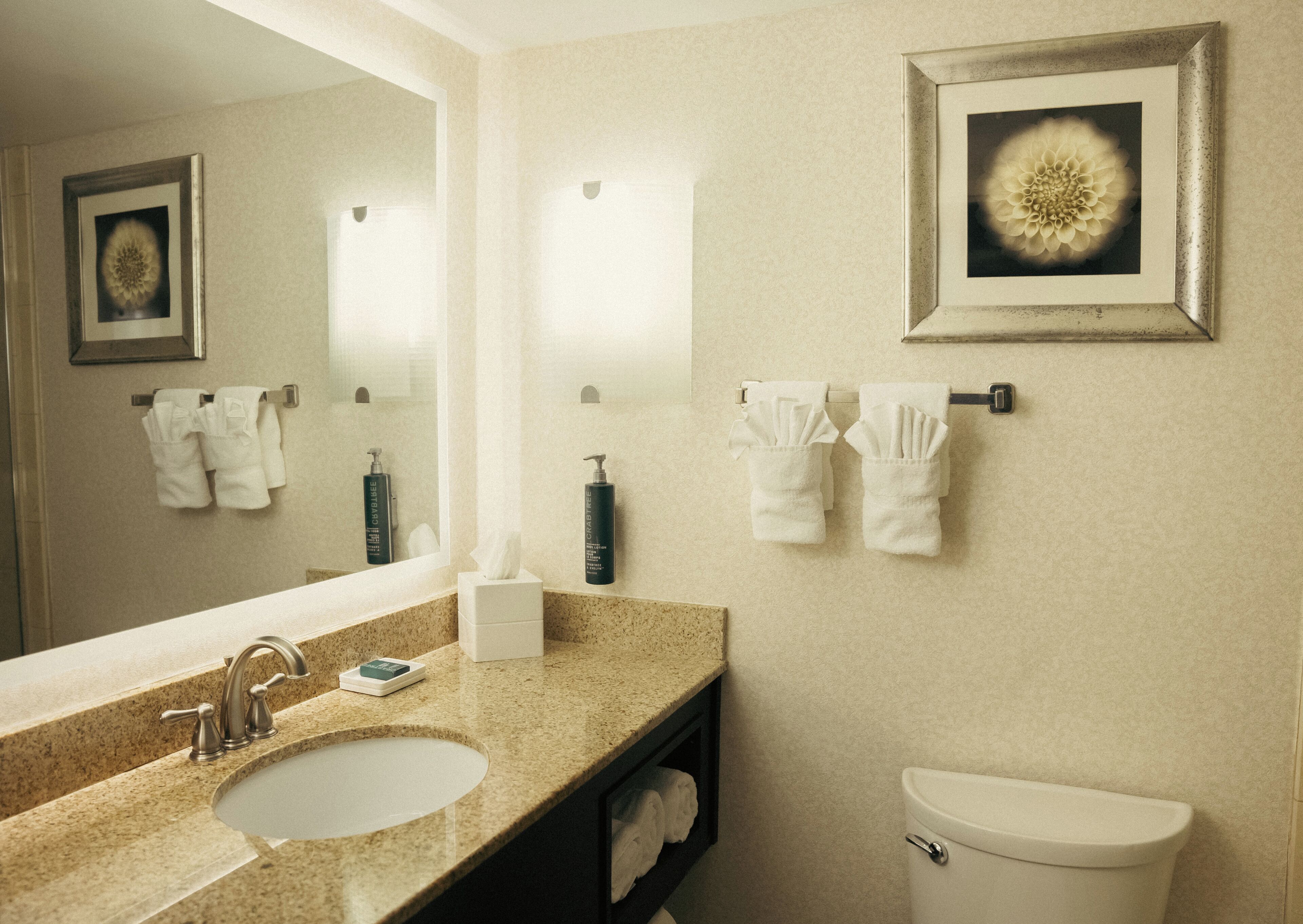 Ein Badezimmer mit Waschbecken, Spiegel, Handtuchhalter und Toilette.