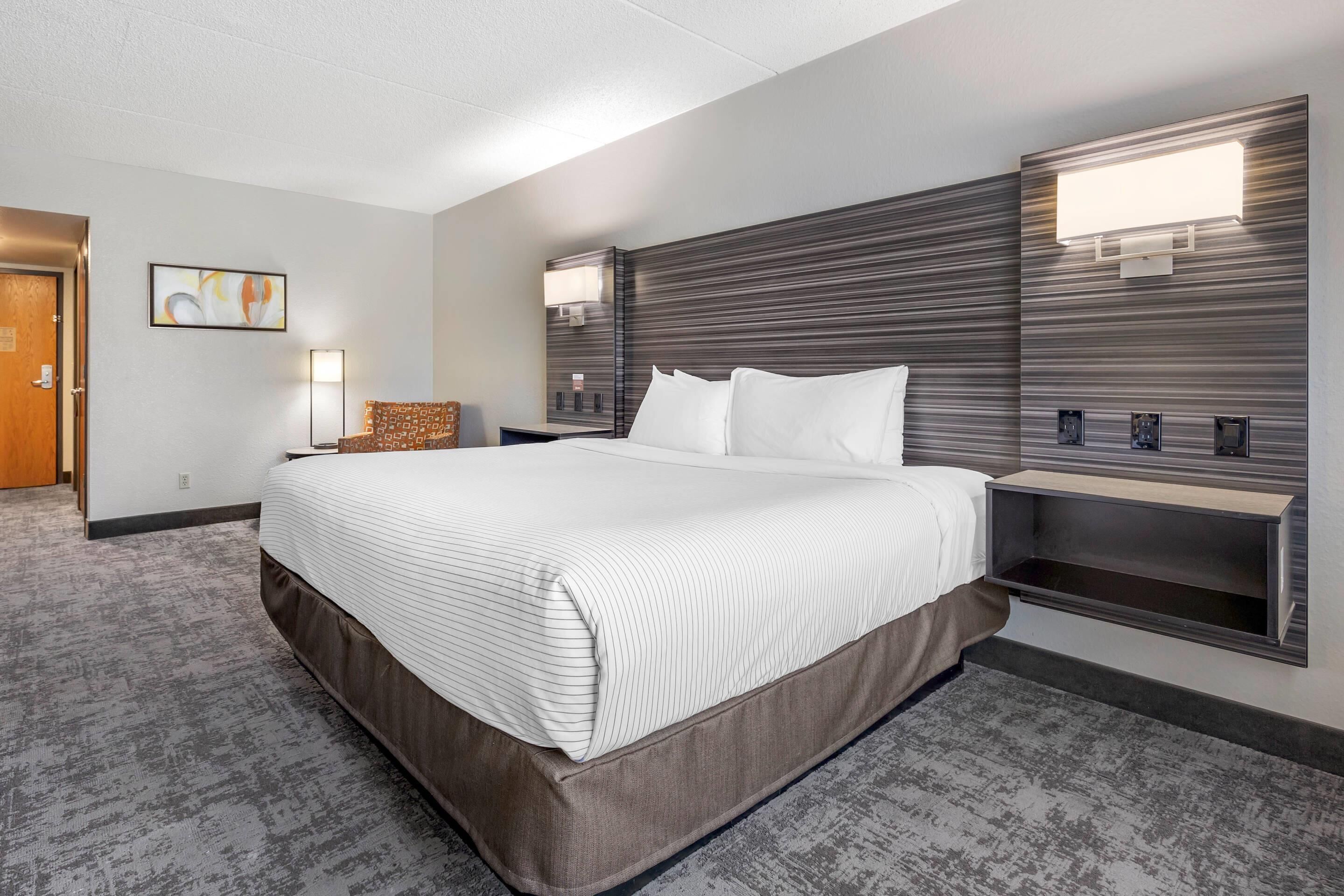 Una habitación de hotel moderna con una cama grande, una mesita de noche, un estante en la pared y un cuadro enmarcado.