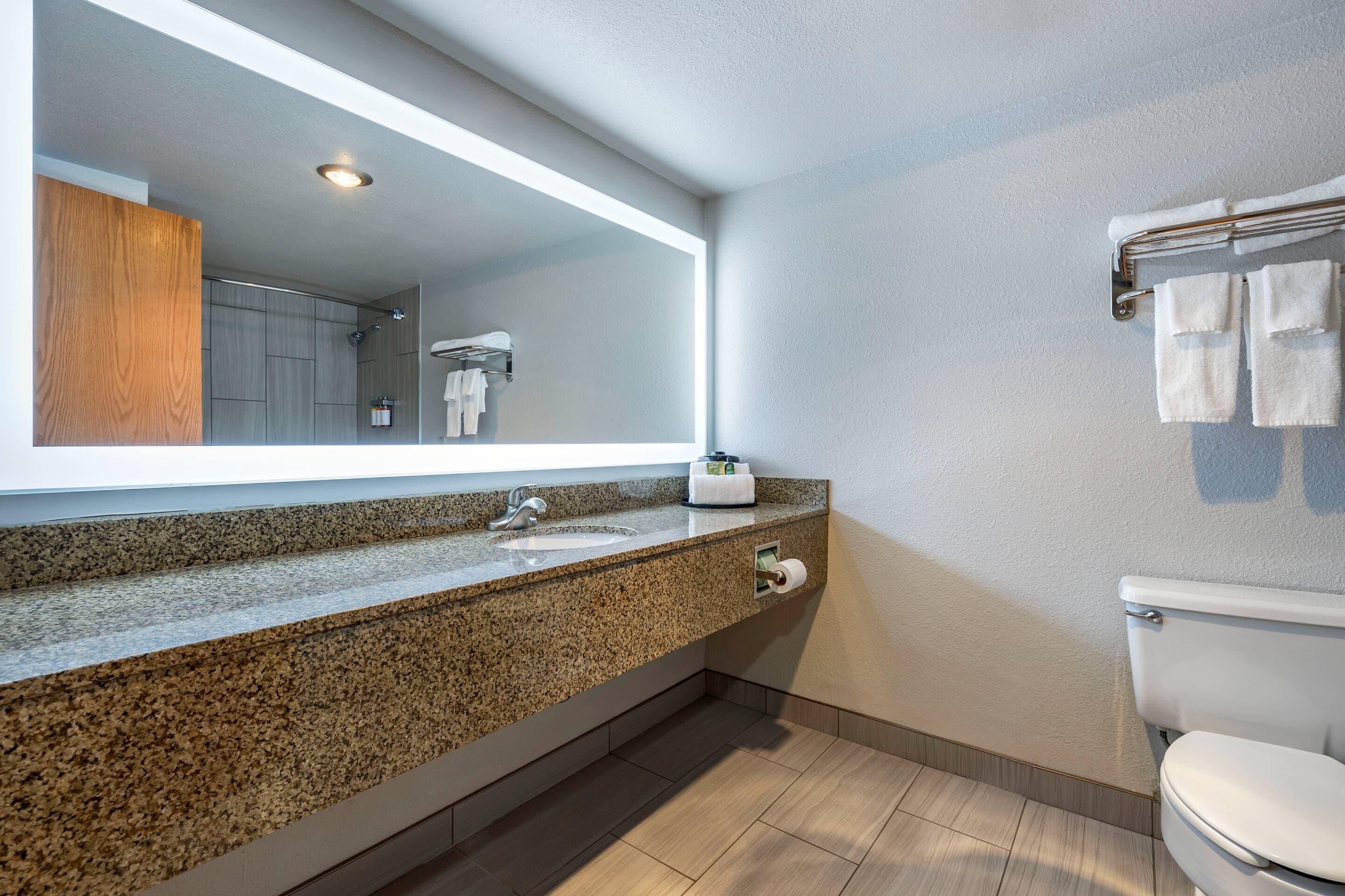 A modern bathroom with a granite countertop, a large mirror, a toilet, and a towel rack.